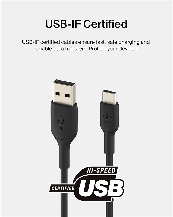 Belkin BoostCharge USB-C Cable to USB-A Cable (2M/6.6ft) for iPhone 16, iPhone 16 Pro, Samsung Galaxy S25, S24, Pixel 9, iPad Pro, Nintendo Switch 2, Carplay & More - Black (2-Pack)
