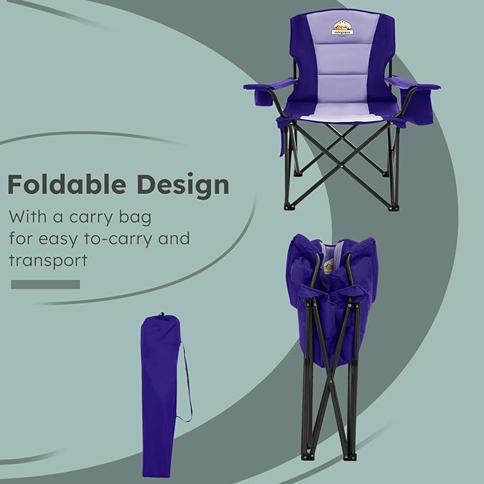 Colegence Heavy Duty Camping Chair for Adults, Oversized Foldable Outside Camp Chairs Carry Bag Included, with Cooler Bag Cup Holder, Side Pocket for Lawn,Sport,Outdoor,Deep Purple