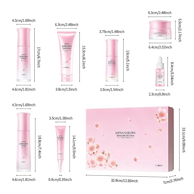 LAIKOU JAPAN SAKURA Skin Care, Skin Care Set with Cleanser, Toner, Lotion, Eye Cream, Makeup Primer, Essence Cream and Serum for Women Mother's Day Valentine's Day Christmas Birthday Beginner Kit 7pcs