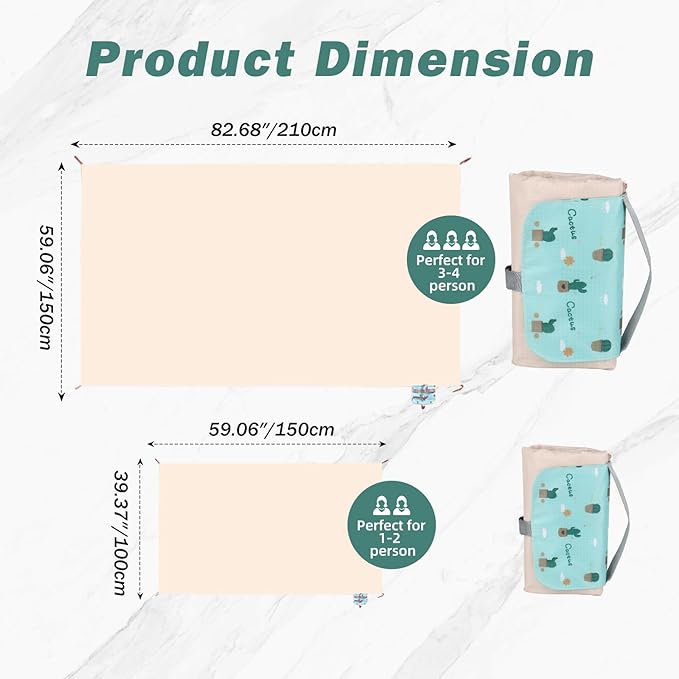 Picnic Blanket Waterproof – Packable Sand Proof Beach Blanket (0.42lb/0.66lb), Compact & Foldable, Fits in Pocket with Integrated Stakes, Ideal for Camping, Hiking, Travel, Concert, Festival