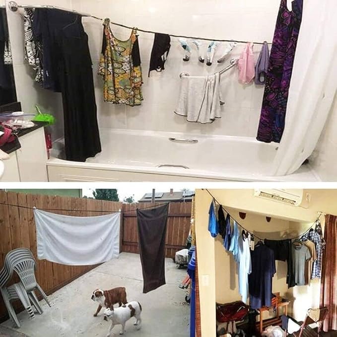 Bungee Cord Clothesline,Tri-Braided Cord Clothes Line,Portable Travel Clothesline Laundry Clothesline (with 2 Strong Suction Cups) for Home,Camping,Travel,Indoor or Outdoor Use - No hanger hook needed