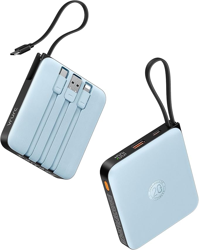 VRURC 10000mAh Portable Charger for iPhone with Built-in Cables, PD 20W Fast Charging Power Bank, Battery Pack for iPhone 16 15 14 13 Samsung Galaxy S25 S24 Series Android, Blue(1 Pack)