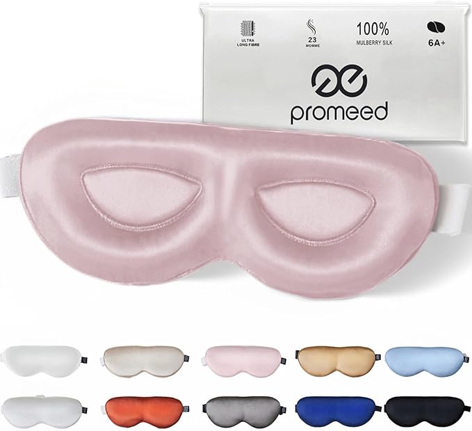 PROMEED Adjustable Pure Mulberry Silk Sleep Mask 23 Momme, 3D Contoured No-Pressure Cup Eye Mask for Sleeping, Super Soft Breathable Blindfold, Perfect Blocks Light for Sleeping (Pink)
