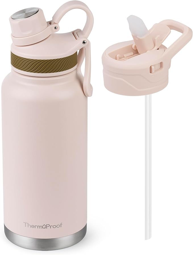 ThermoProof Double-Walled Vacuum Insulated Stainless Steel Water Bottle - Wide Mouth Canteen, Spout & Straw Lids, Dishwasher Safe, Reusable, Leakproof, Hot & Cold for Men, Women & Kids - 32oz, Taupe