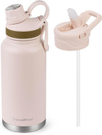 ThermoProof Double-Walled Vacuum Insulated Stainless Steel Water Bottle - Wide Mouth Canteen, Spout & Straw Lids, Dishwasher Safe, Reusable, Leakproof, Hot & Cold for Men, Women & Kids - 32oz, Taupe