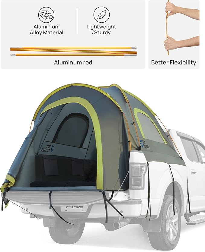 JOYTUTUS Pickup Truck Tent 5ft 2.0, Waterproof PU2000mm Double Layer for 2 Person, Portable Truck Bed Tent with Rainfly, Green, Aluminum Pole