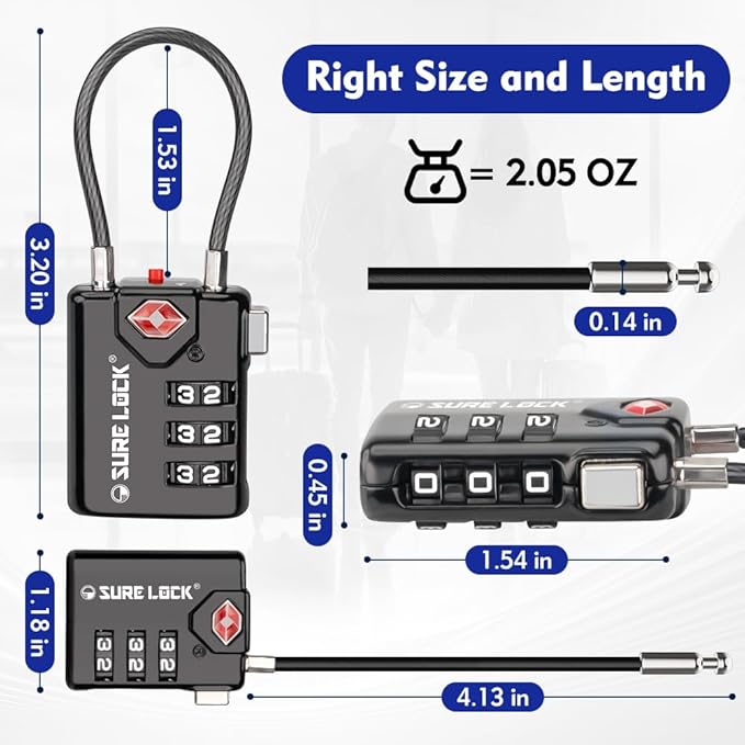 SURE LOCK TSA Compatible Travel Luggage Locks, Inspection Indicator, Easy Read Dials TSA Approved with Zinc Alloy