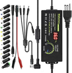 Universal Power Supply 3V~36V 4A 144W Adjustable Variable 3V 5V 9V 12V 24V 30V 36V AC/DC Adapter Charger, 100V-240V AC to DC Converter with 14 Tips, Polarity Converter and 4-Way Power Splitter Cable