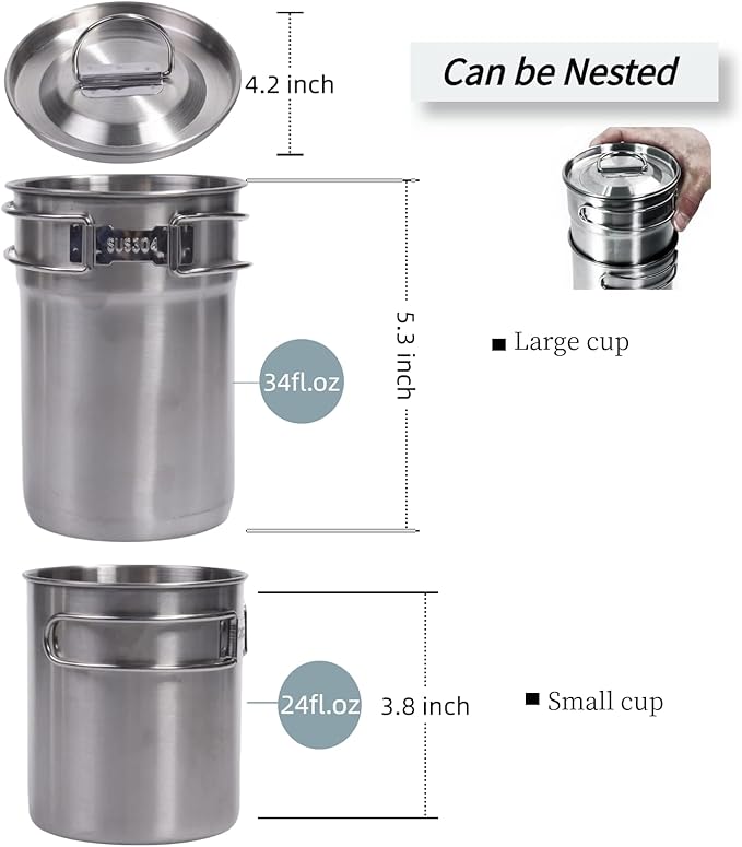 Foldable Camping Cups Mugs Camping Pot Cookware 304-Food-Grade Outdoor Camp Cooking Set with Vented lid,Stainless Steel Backpacking Cookware for Hunting