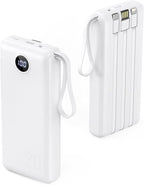 VRURC Portable Charger with Built in Cables 20000mAh, 22.5W Fast Charging USB C Power Bank,LED Display Charging Back with 4 Output 2 Input for iPhone 15/14/13/Pro,Samsung,Android-White(1 Pack)