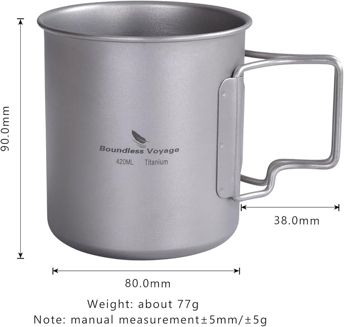 Titanium Coffee Mug Titanium Pots Titanium Cup with Foldable Handle Outdoor Camping Water Mug Tableware 14.3oz/420ml Ti1518B