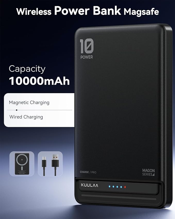Kuulaa for MagSafe Battery Pack 10000mAh, 20W Ultra Slim Wireless Portable Phone Charger with LED Display, Magnetic Power Bank for iPhone 16/15/14/13/12 (Black)