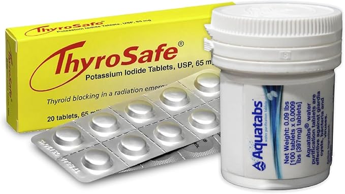 Aquatabs 397mg Water Purification Tablets (100 Pack) and Thyrosafe 65 mg Potassium Iodide Tablets (20 Pack) - Emergency Kit for Radiation and Water Treatment - Portable Survival Kit