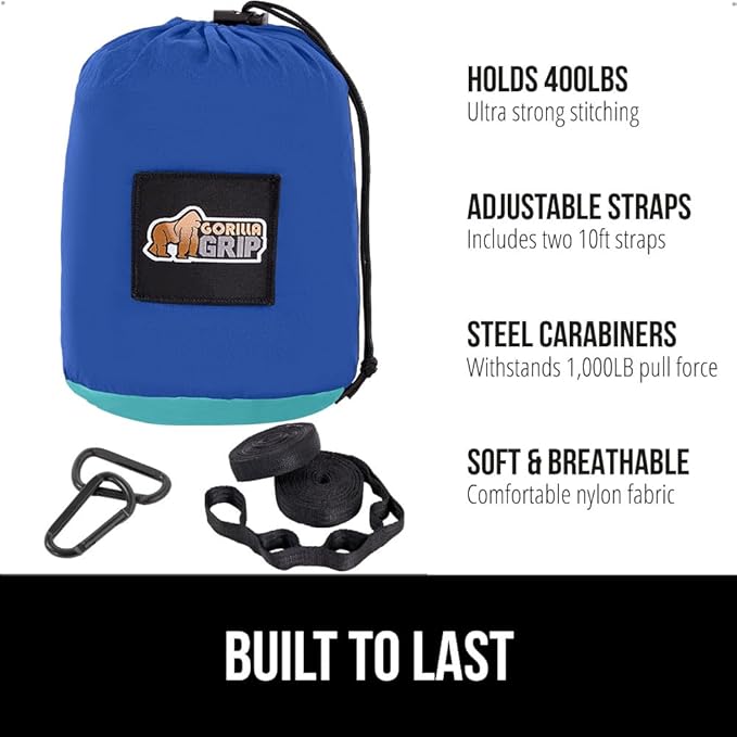 GORILLA GRIP Durable Portable Camping Hammock, Holds 400lbs with Heavy Duty Tree Straps, Comfortable Travel Swing, Camp Hammocks, Easy to Use and Install, Outdoor Essentials, Blue, 9x4.5 FT