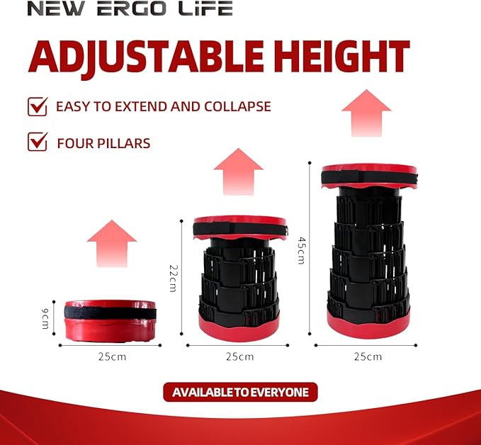 Portable Collapsible Stool - 4 Pillars Large Weight Capacity Travel-Friendly Folding Stool, Easy to Use Lightweight Telescoping Seat for Outdoor Activities, Camping & Hiking (Red)
