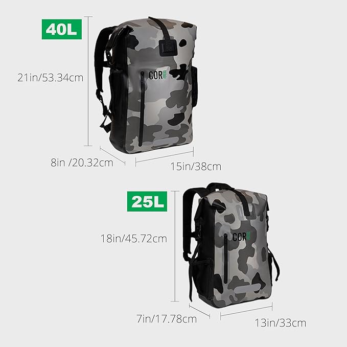 COR Surf Waterproof Dry Bag Backpack with Padded Laptop Sleeve 25L & 40L Heavy Duty, Roll-Top Pack (Camo, 25L)