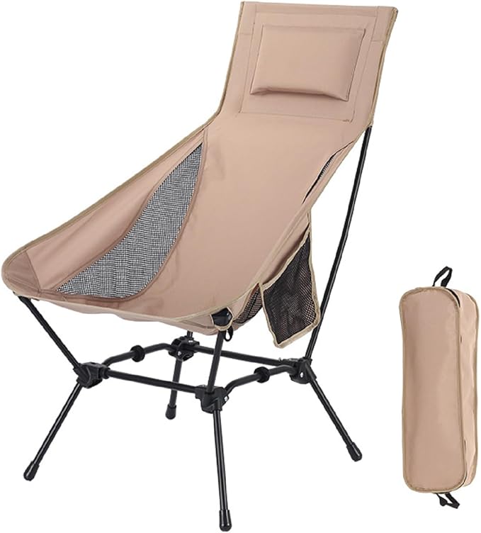 Folding High Back Camping Chair, Portable Lightweight Beach Chair with Headrest, Adjustable Height Backpacking Portable Compact Picnic Chair for Camp Hiking, Khaki