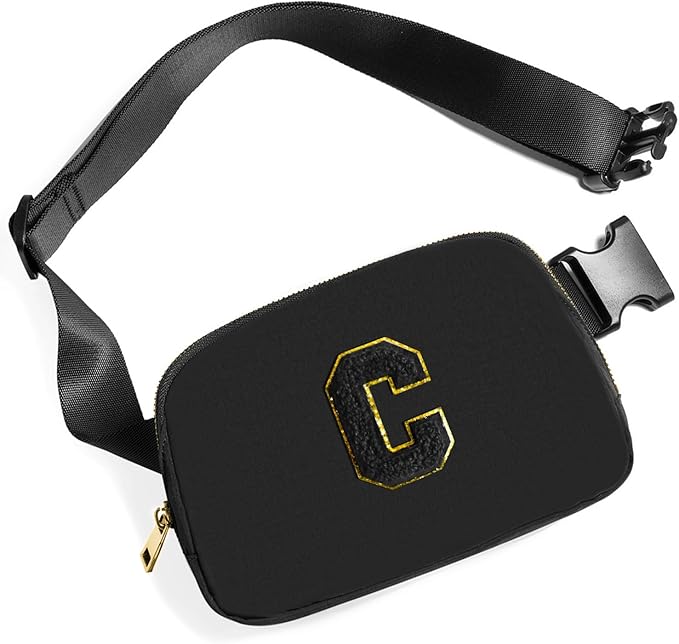 Gitus Belt Bag Fanny Pack Crossbody Bags with Initial Letter Patch Gifts for Wife Older Women Mother Coworker Bridesmaid Anniversary Travel Gifts Beach Gifts (Black-C)
