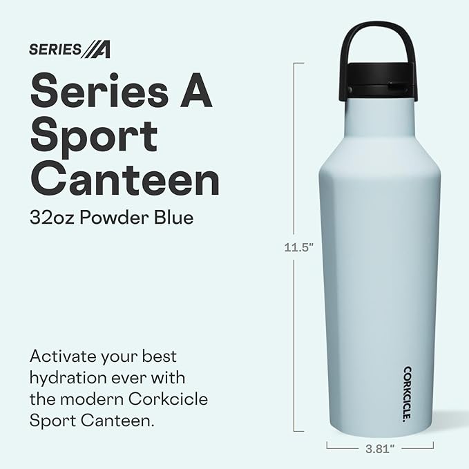 Corkcicle Sport Canteen - Keeps Drinks Cold 25 Hours - Stainless Steel Water Bottle - Triple-Insulated - Spill-Proof - Summer Drinkware Gift - Keeps Drinks Ice Cold - 32 oz - Powder Blue