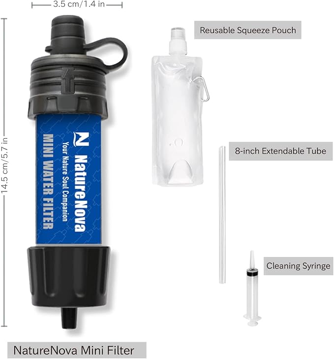 Mini Water Filter NatureNova Portable Emergency Water Filtration System Hiking Camping Straw Survival Gear Emergency Preparedness