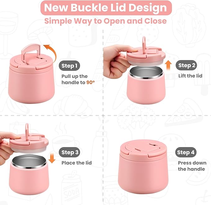 14oz Insulated Vacuum Food Jar with Buckle Lid,Soup Thermo for Hot Food Kids,Wide Mouth Leakproof Stainless Steel Lunch Container with Spoon-Pink