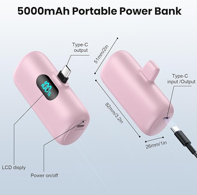 Mini Portable Charger USB C Power Bank,Upgraded 5000mAh PD Fast Charging Battery Pack Built-in USB-C Connector,LCD Display,Compatible with iPhone16,16 Plus,16Pro/Max/15,iPad Pro/Air,Android Phone etc