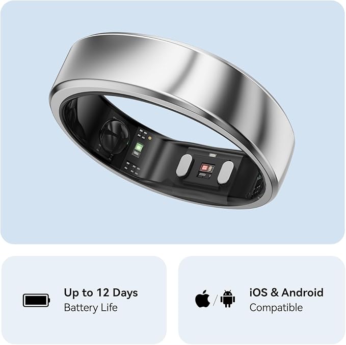 RingConn Gen 2, World’s First Smart Ring with Sleep Apnea Monitoring, No APP Subscription, 12-Day Battery Life, Stress/Heart Rate/Women's Health Tracker, Android & iOS Compatible (Silver, Size 7)