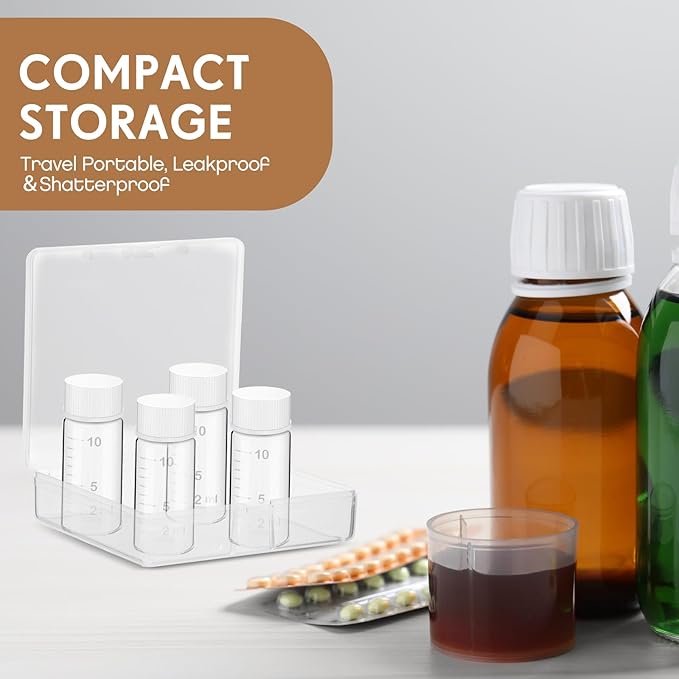 Baderke 4 Pcs Liquid Medicine Travel Container Scale Glass Liquid Containers Small Single Dose Medicine Bottles Dispenser and Leak-proof Plug Travel Essentials Accessories(Clear,10ml)