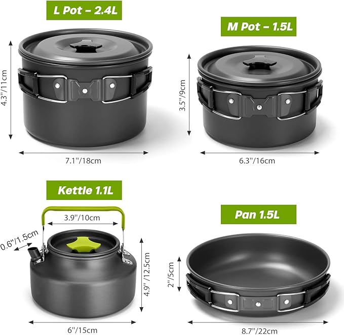Odoland 29pcs Camping Cookware Mess Kit, Non-Stick Lightweight Pots Pan Kettle, Collapsible Water Container and Bucket, Stainless Steel Cups Plates Forks Knives Spoons for Outdoor Backpacking Picnic