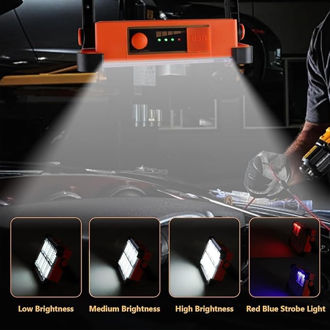 120W Solar Rechargeable Work Light, 144 LED 10000LM Portable Flood Light with Stand, IP66 Waterproof 4 Modes LED Job Site for Mechanic Camping Fishing Car Repair (Orange 1 Pack)