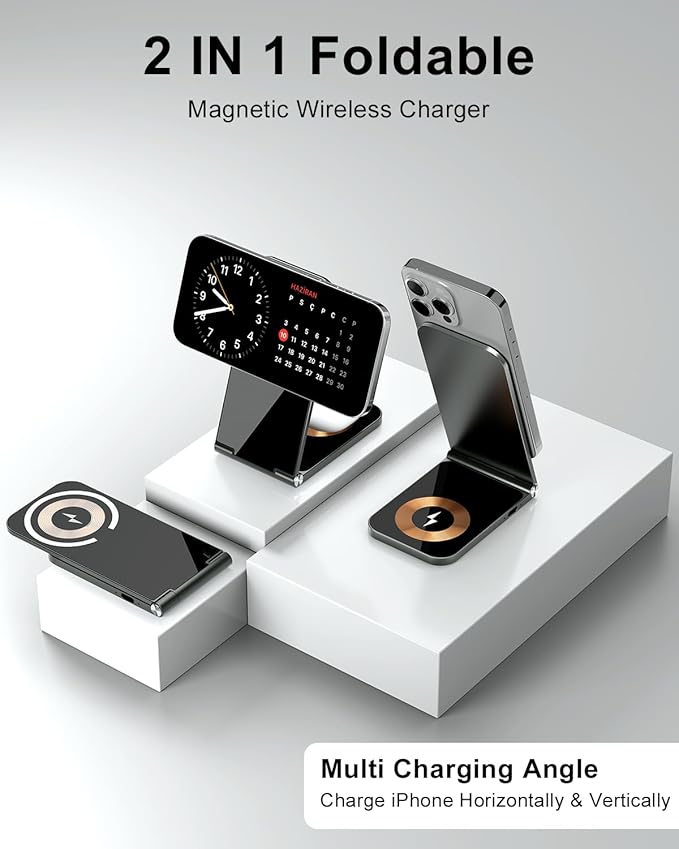 2-in-1 Wireless Charging Station, 15W Fast Mag-Safe Wireless Charger Compatible with iPhone 17 16 15 14 13 12 Pro Max, Foldable Portable Phone Charger Stand with USB-C Cable (No AC Adapter)