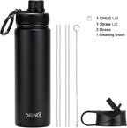 Drinco Stainless Steel Water Bottle Spout Lid Vacuum Insulated Double Wall Water Bottle Wide Mouth (40oz 32oz 22oz 18oz 14oz) Leak Proof Keep Cold Sport Camping Hiking (22 oz, 22oz Black)