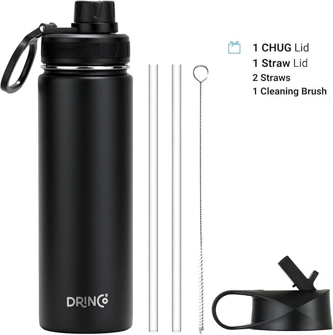 Drinco Stainless Steel Water Bottle Spout Lid Vacuum Insulated Double Wall Water Bottle Wide Mouth (40oz 32oz 22oz 18oz 14oz) Leak Proof Keep Cold Sport Camping Hiking (22 oz, 22oz Black)