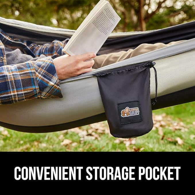 GORILLA GRIP Durable Portable Camping Hammock, Holds 500lbs with Heavy Duty Tree Straps, Comfortable Travel Swing, Camp Hammocks, Easy to Use and Install, Outdoor Essentials, Black, 10x6.5 FT