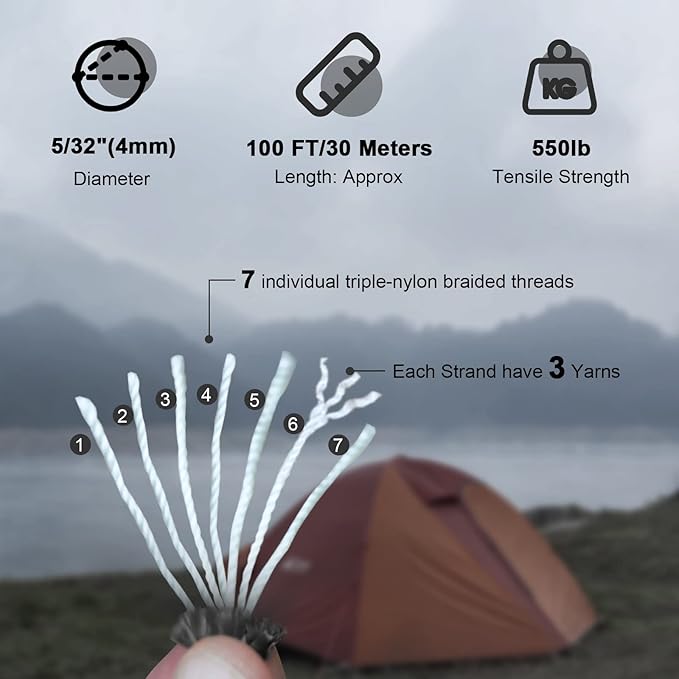 WILDAIR 550lb Paracord Parachute Cord Lanyard Ropes Heavy-Duty Strong Rope-7 Triple Strands 100FT Outdoor Camping (Army Green)