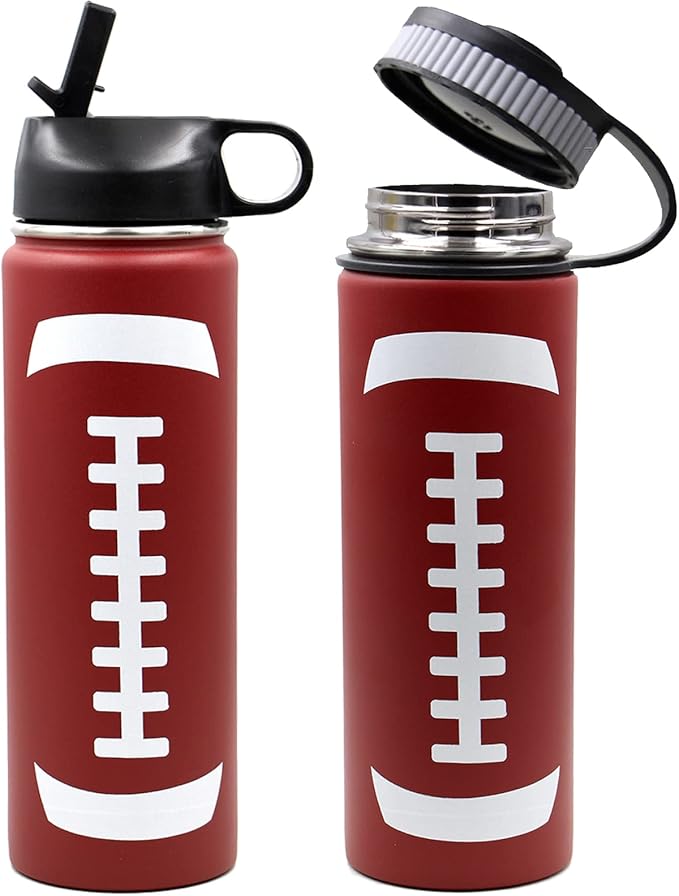 22 oz Football Water Bottle, Sports Cup Flask Metal Thermo Travel Mug with 2 Lids, Stainless Steel Double Wall Vacuum Leakproof Insulated Water Bottles, Football Accessories Stuff Gifts for Boys Girls