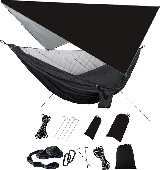 Camping Hammock with Rain Fly Tarp Mosquito Net Heavy Duty Tree Straps Portable Double Parachute Hammocks Tent Waterproof Rainfly Set Black