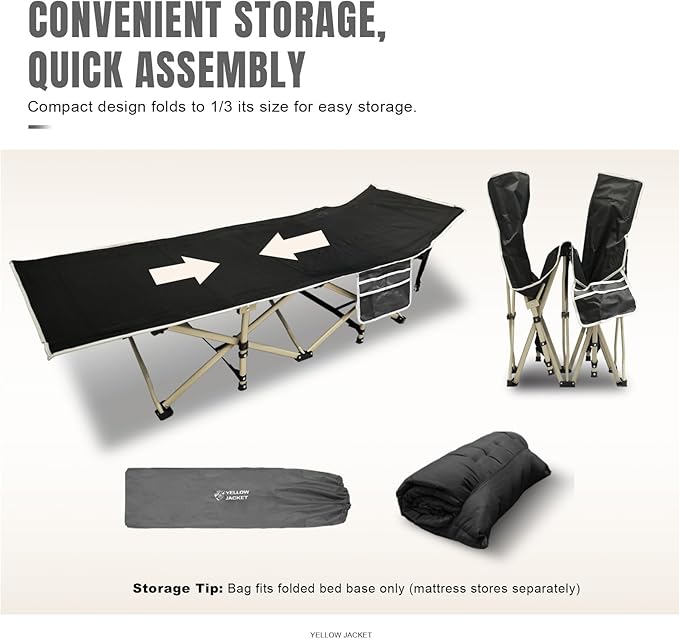 YELLOW JACKET Camping Cot with Mattress for Adults, Folding Sleeping Cot 600lbs Max Load, Portable Camping Cot with Carry Bag, 28" Wide Cot for Camping, Home,Office,Travel (Black)