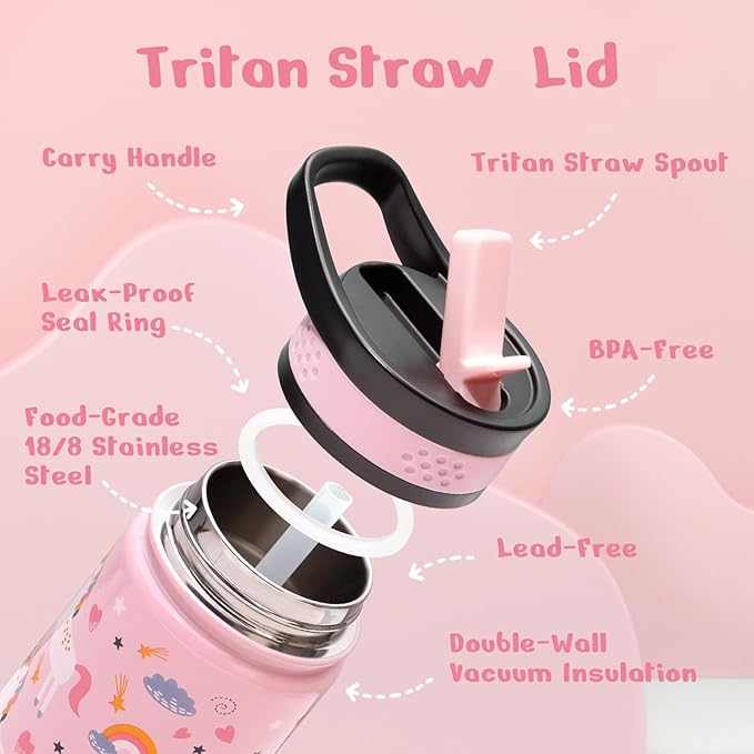 BUZIO 14oz Kids Water Bottle with Straw Lid, Insulated Toddler Water Bottle for School Stainless Steel Thermo Cup for Girls Boys Reusable Leak Proof Bpa-Free Double Walled Flask, Pink Unicorn