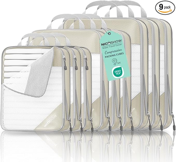 Compression Packing Cubes for Travel, Lightweight Travel Essentials, Packing Cubes Compression for Space-saving, 9 pcs, Beige