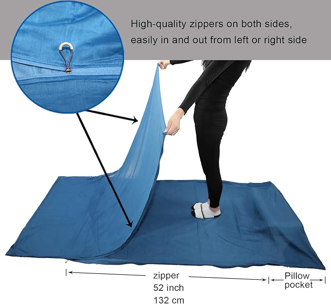 Browint Silk/Cotton Travel Sheet with Double Zippers, 87"x43" Extra Wide Sleep Sack for Hotels, Lightweight Sleeping Bag Liner for Camping, Traveler Rectangular with Pillow Pocket …