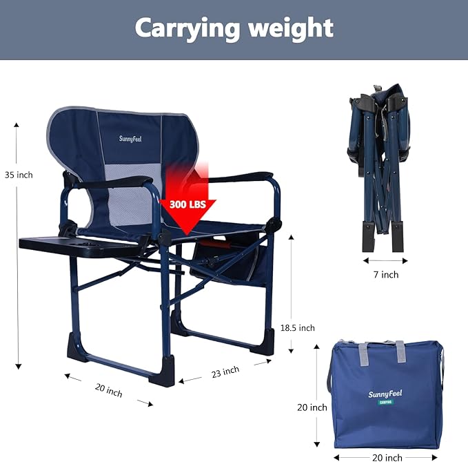 SUNNYFEEL Camping Directors Chair Aluminum Oversized Portable Folding Chair with Side Pocket and Adjustable Side Table for Beach, Fishing, Trip, Picnic, Lawn, Concert Outdoor Foldable Camp Chairs