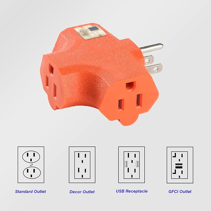 3 Outlet Adapter 3 Way Outlet Splitter - 3 T-Shaped Adapter Outdoor Power Splitter Grounded Wall Tap Adapter Heavy Duty (3, Orange), Lighting Apparatus
