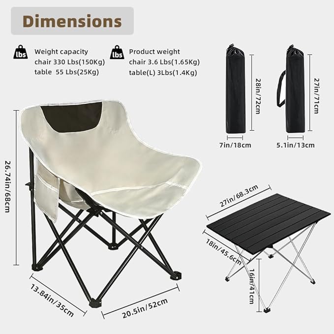Folding Camping Chair Set of 3,Lightweight Camp Chairs with Table,Large Lawn Chair Portable for Adults Hiking,Fishing,Beach,Picnic,Patio,Travel,Carry Bag(L)