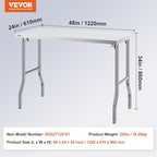 VEVOR Commercial Worktable Workstation 48 x 24 Inch Folding Commercial Prep Table, Heavy-duty Stainless Steel Folding Table with 661 lbs Load, Kitchen Work Table, Silver Stainless Steel Kitchen Island