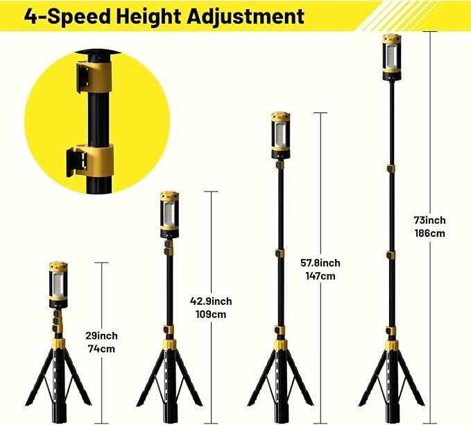 LHOTSE Rechargeable Camping Light with Stand, 83" Tall Portable 3000 Lumens Cordless Work Light with 3 LED Lamps Head & Detachable Tripod, 9AH Battery LED Work Light Dimmable with Travel Bag