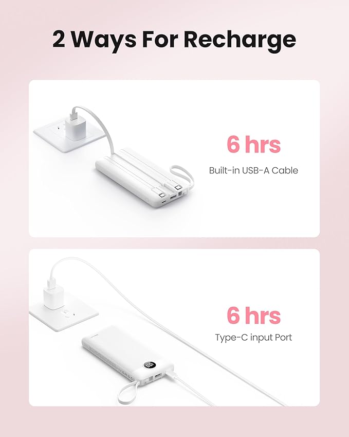 Portable Charger Compatible with iPhone 17, 10000mAh Slim Power Bank with Built-in Cables, External Battery Pack 5 Outputs 2 Inputs LED Display Compatible with iPhone/Android & More (White)