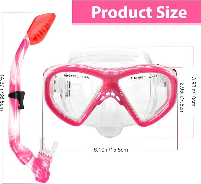 Kids Snorkel Set Dry Top Snorkeling Gear for Kids Youth Boys Girls Junior Age 5-15,Tempered Glass Swimming Diving Mask and Snorkel Set 180 Degree Panoramic View