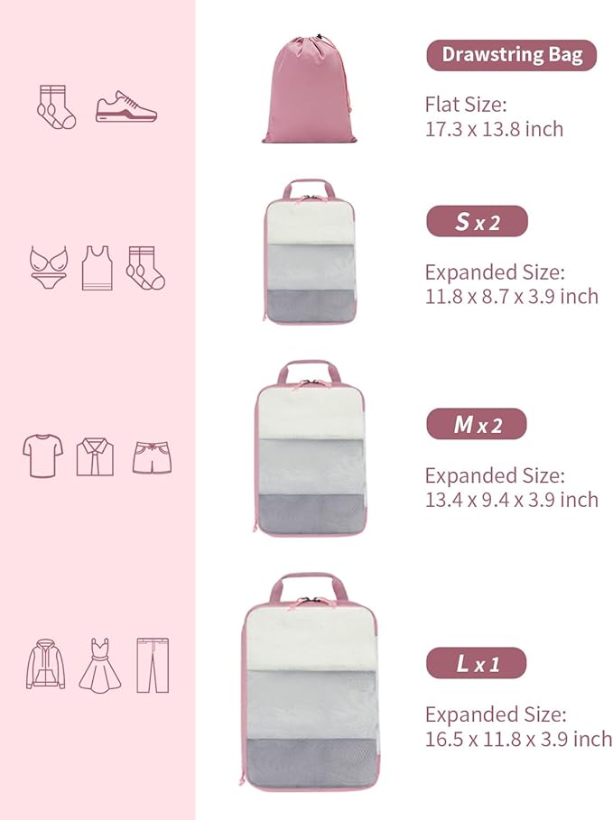ECOHUB 6 Set Compression Packing Cubes, Gifts for Women Mom, Lightweight Vacation Travel Essentials Accessories for Suitcase Luggage Organizer Bags Set with YKK Zippers Shoe Bag, Pink