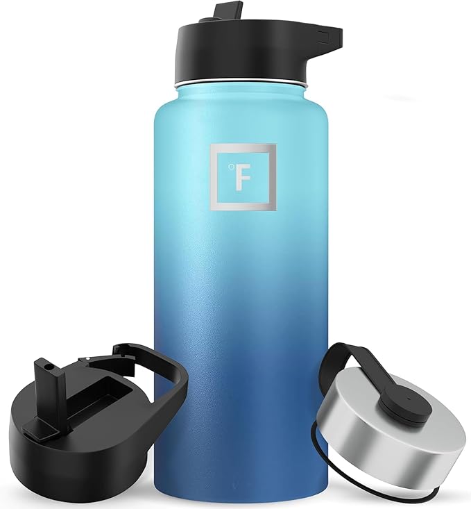 IRON °FLASK Camping & Hiking Hydration Flask with 3 Lids - Stainless Steel, Double Walled & Vacuum Insulated Water Bottle - Leak Proof & BPA Free 32 Oz